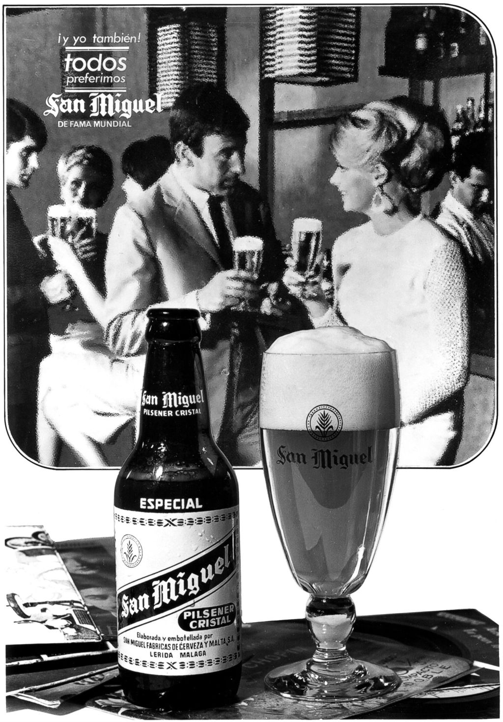 PUBLICIDAD SAN MIGUEL CON FOTO EN BLANCO Y NEGRO.